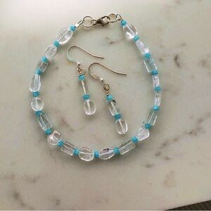Bracelet and earring set of blue amazonite and clear stones